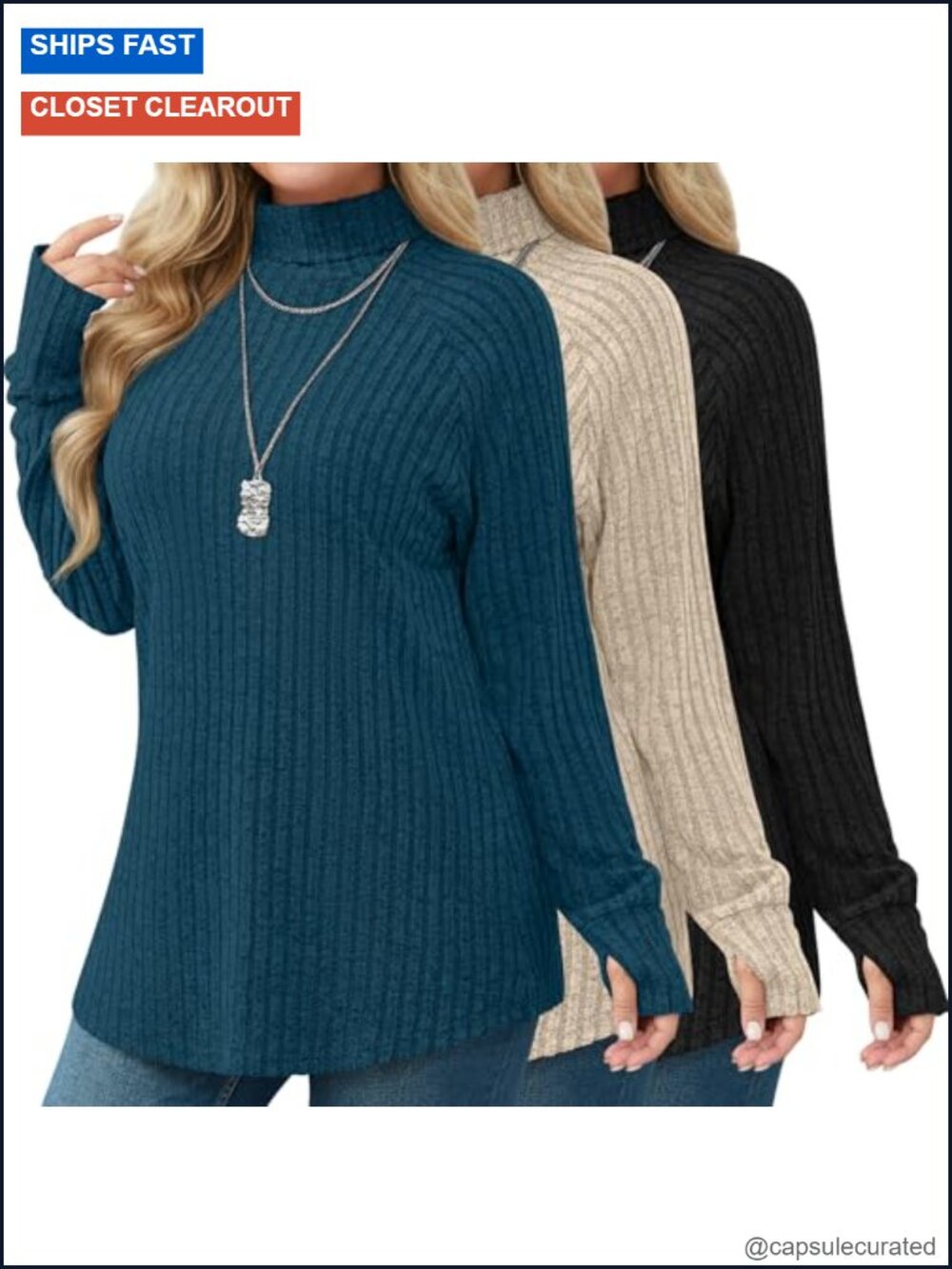 Plus Size Ribbed Turtleneck Tunic Sweaters 3 Pack Long Sleeve Thumbhole